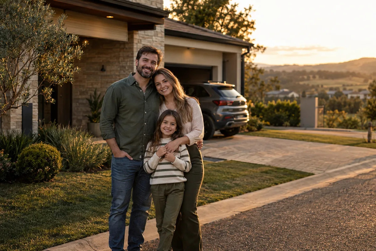 Família sorrindo em frente de casa com o carro na garagem, simbolizando proteção de vida, auto e residência