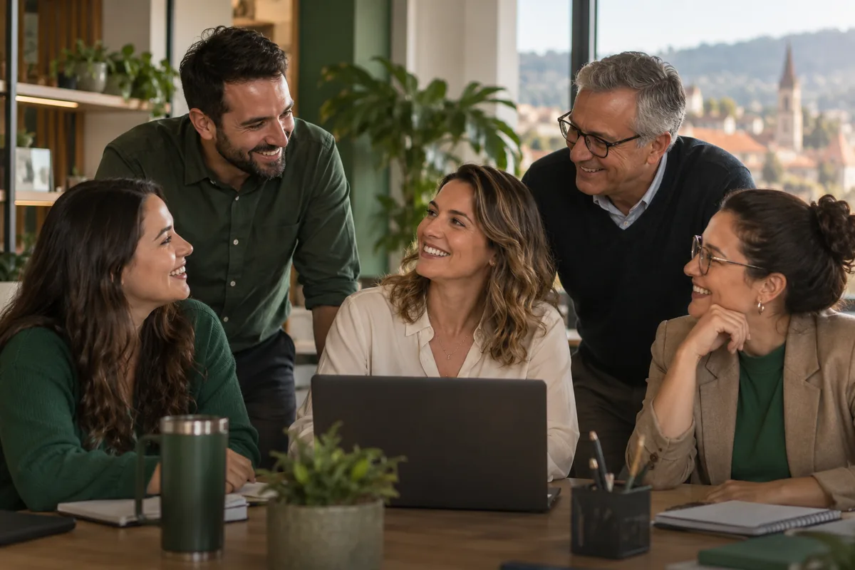 Equipe de uma empresa reunida no ambiente de trabalho, simbolizando o plano de saúde empresarial